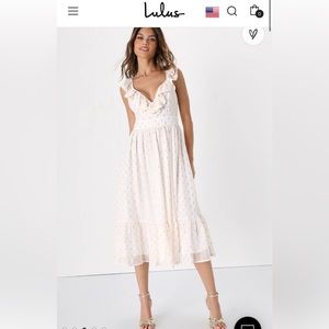 Lulus White and Gold Ruffled Tiered Midi Dress Sz S